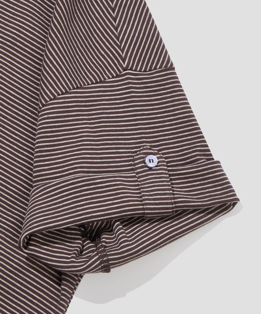 AGOD Roll-Up Snap Henley Neck Striped Half T-Shirt [Brown]