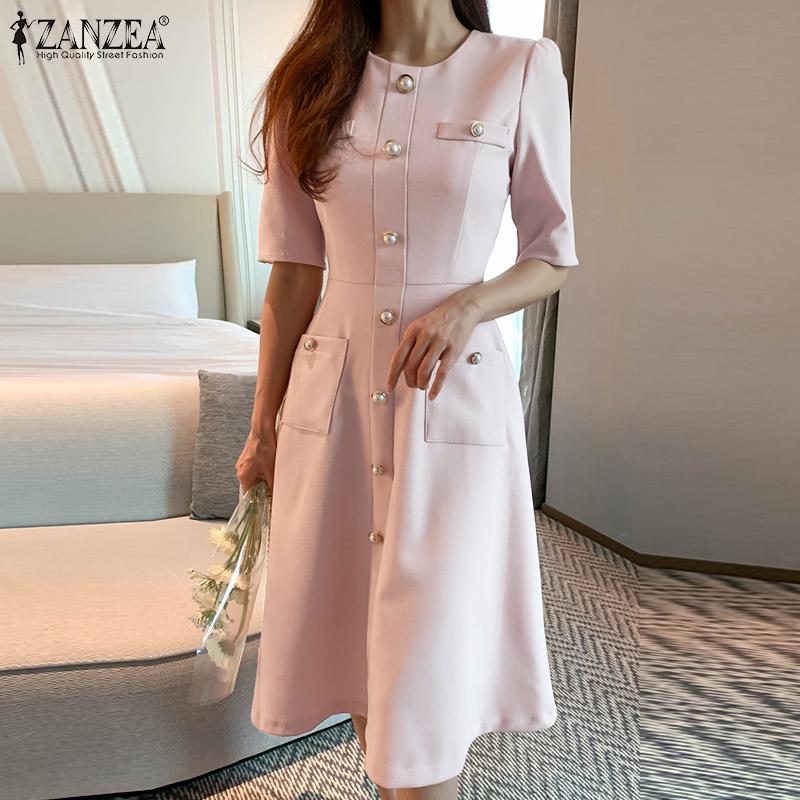 

ZANZEA Женское летнее повседневное длинное платье трапециевидной формы с короткими рукавами и круглым вырезом