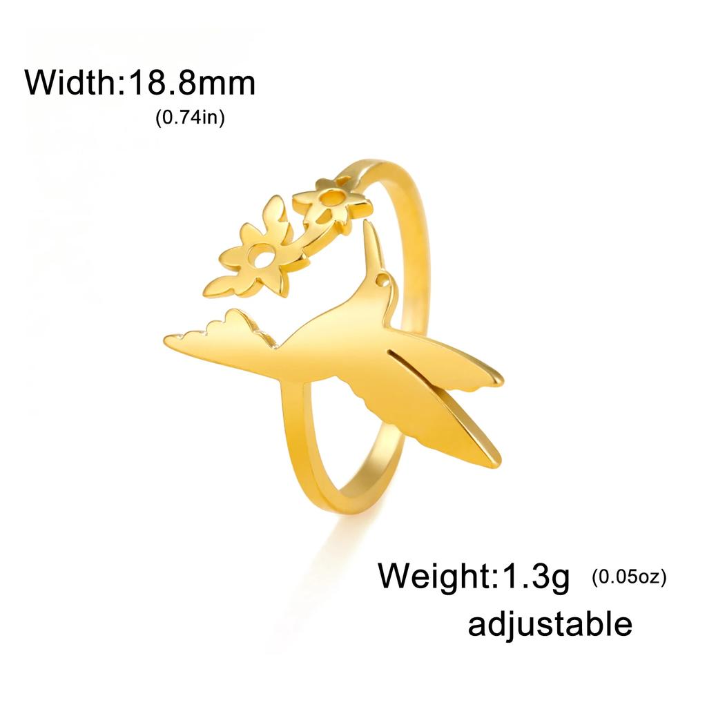 Hummingbird Flowers Leaves Open Ring Women Stainless Steel Adjustable Finger Rings Bird Animal Jewelry Birthday Gift