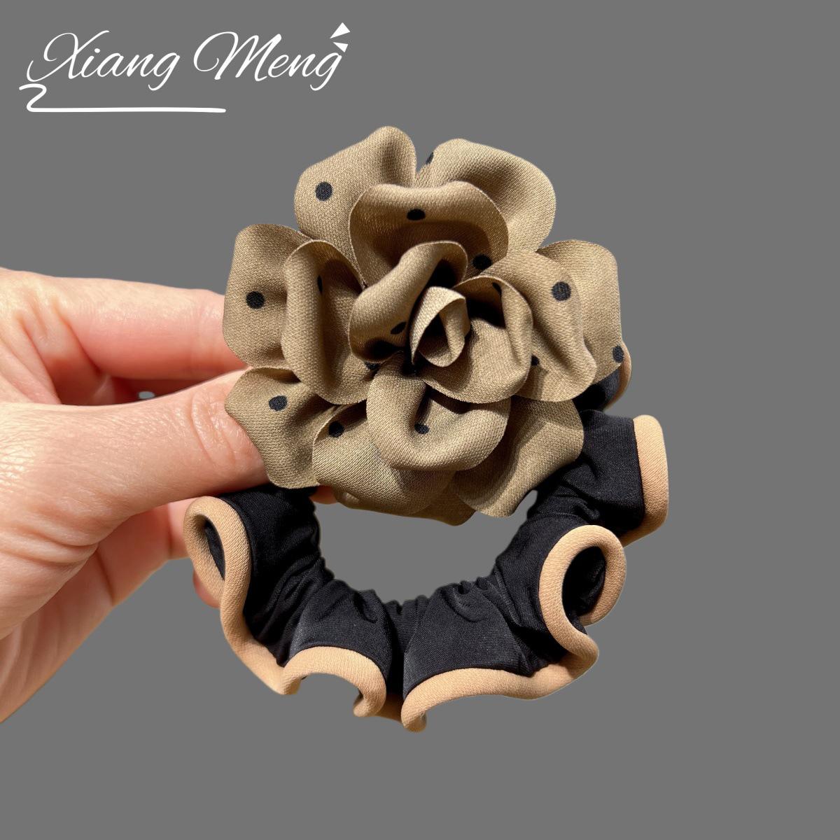 Elegant Brown Polka Dot Camellia High Elastic Hair Tie for Low Ponytail or Bun