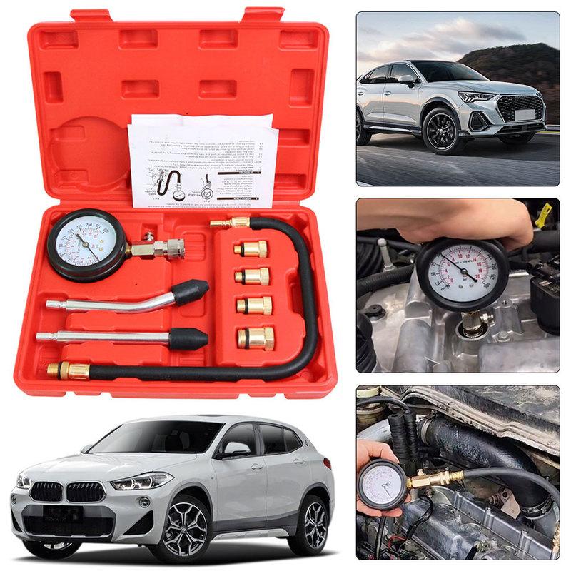 8Pcs Automotive Cylinder Tester Kit with M10 M12 M14 M18 Adapter Compression Tester Kit 0-300 PSI Pressure Gauge