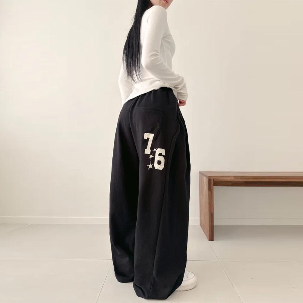

Korean Style Plus Size Wide Leg Sports Pants for Women - Spring/Autumn, Velvet, High Waist, Loose Fit L