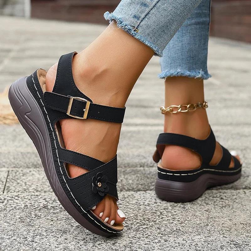 Fashion Women's Sandals Retro Flower Plarform Sandals Women Plus Size Ankle Buckle Wedge Sandles Luxury Woman Comfort Non Slip Sandalias
