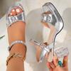 Fashion Crystal Buckle High Heels Sandals Women Gold Silver Pu Leather Square Toe Party Shoes Ankle Buckle Strange Heels Platform Sandls