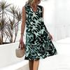 Plus Size V Neck Sleeveless Dress Green Hills Lake Watercolor Print For Lakeside Picnic Outing