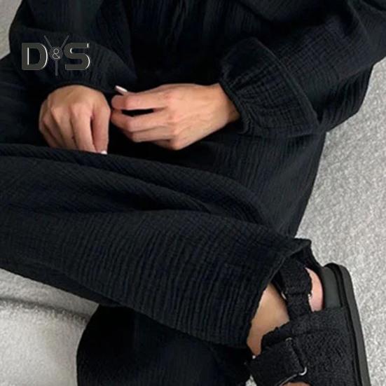 Dámský ležérní dvoudílný set volný ležérní top s dlouhým rukávem a šněrovacími kalhotami, dámský odnímatelný límec a společenský outfit