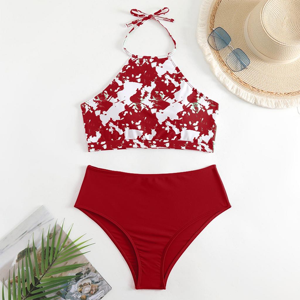 Printed Neck Hanging Split Bikini Slimming Multi Colored Women's Swimsuit