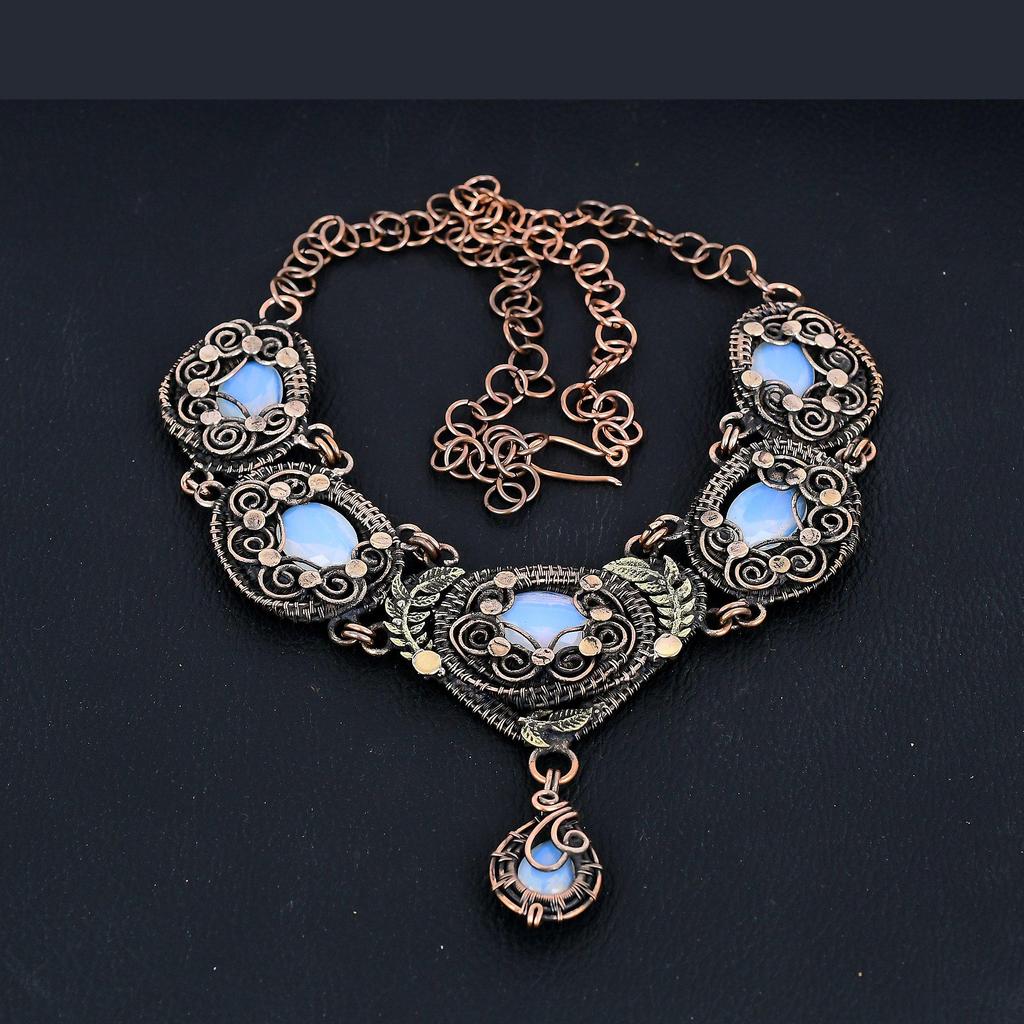 Milky Opal Necklace Gemstone Jewelry, 999 Copper Wire Wrapped Adjustable Chain Necklace, Gift For Women Handmade Necklace