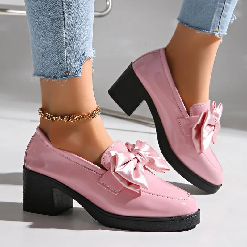 

Fashion Ladies Shoes 2025 Brand Loafers Women s High Heels Fashion Butterfly-knot Office and Career New Versatile Plus Size Heels Women 36 розовый