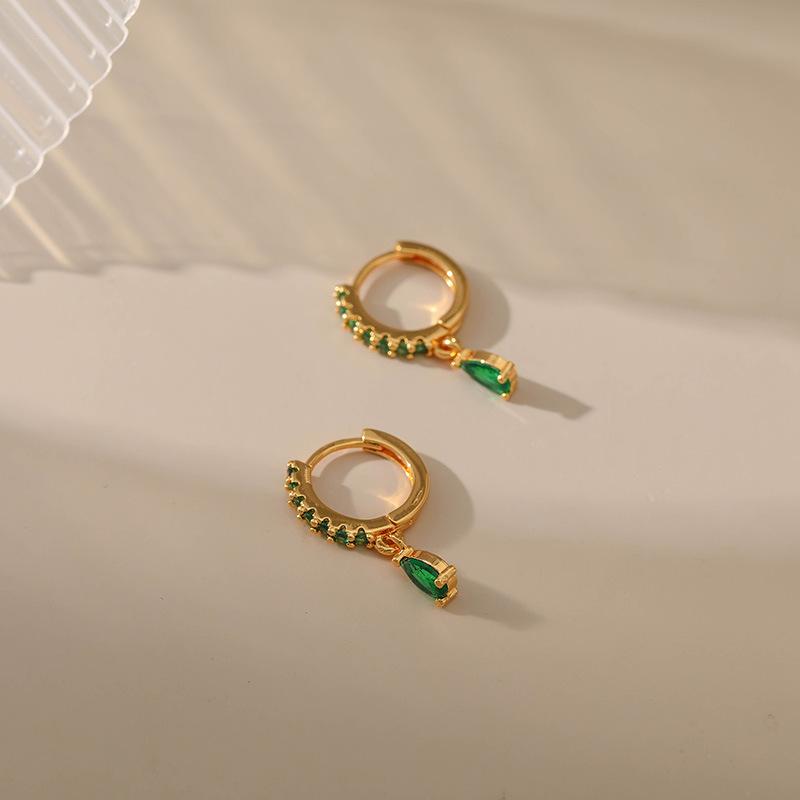 Gold Plated Green CZ Hoop Earrings With Teardrop Charm