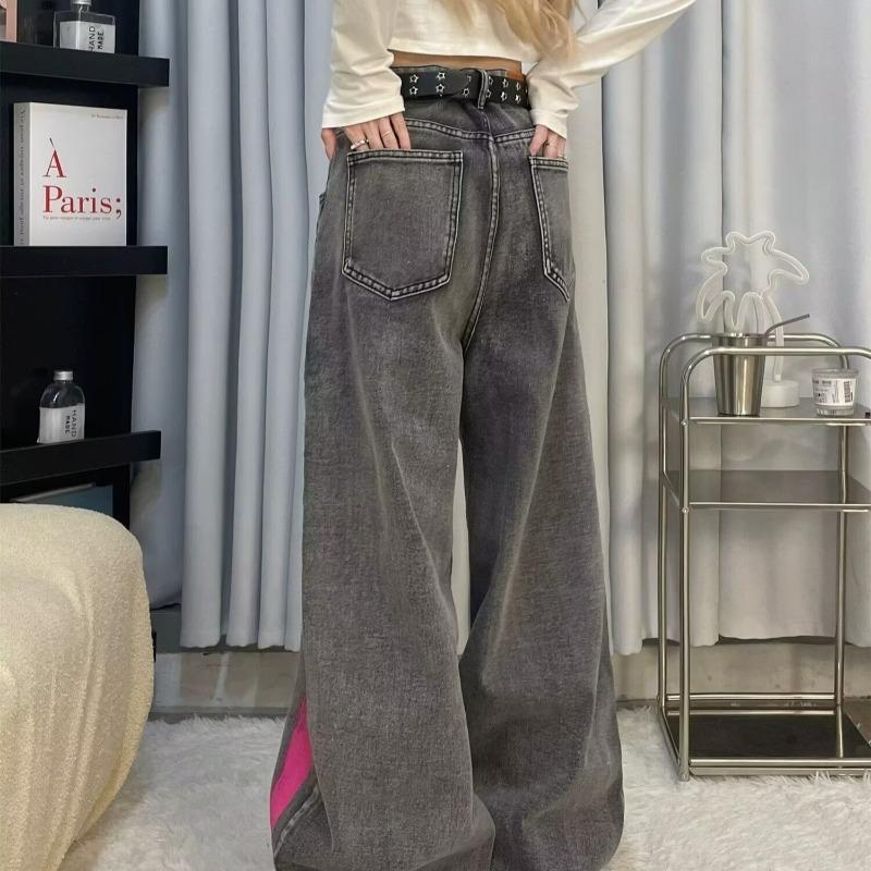 American vibe retro pink graffiti premium gray jeans men's high street loose straight wide-leg floor pants trendy brand