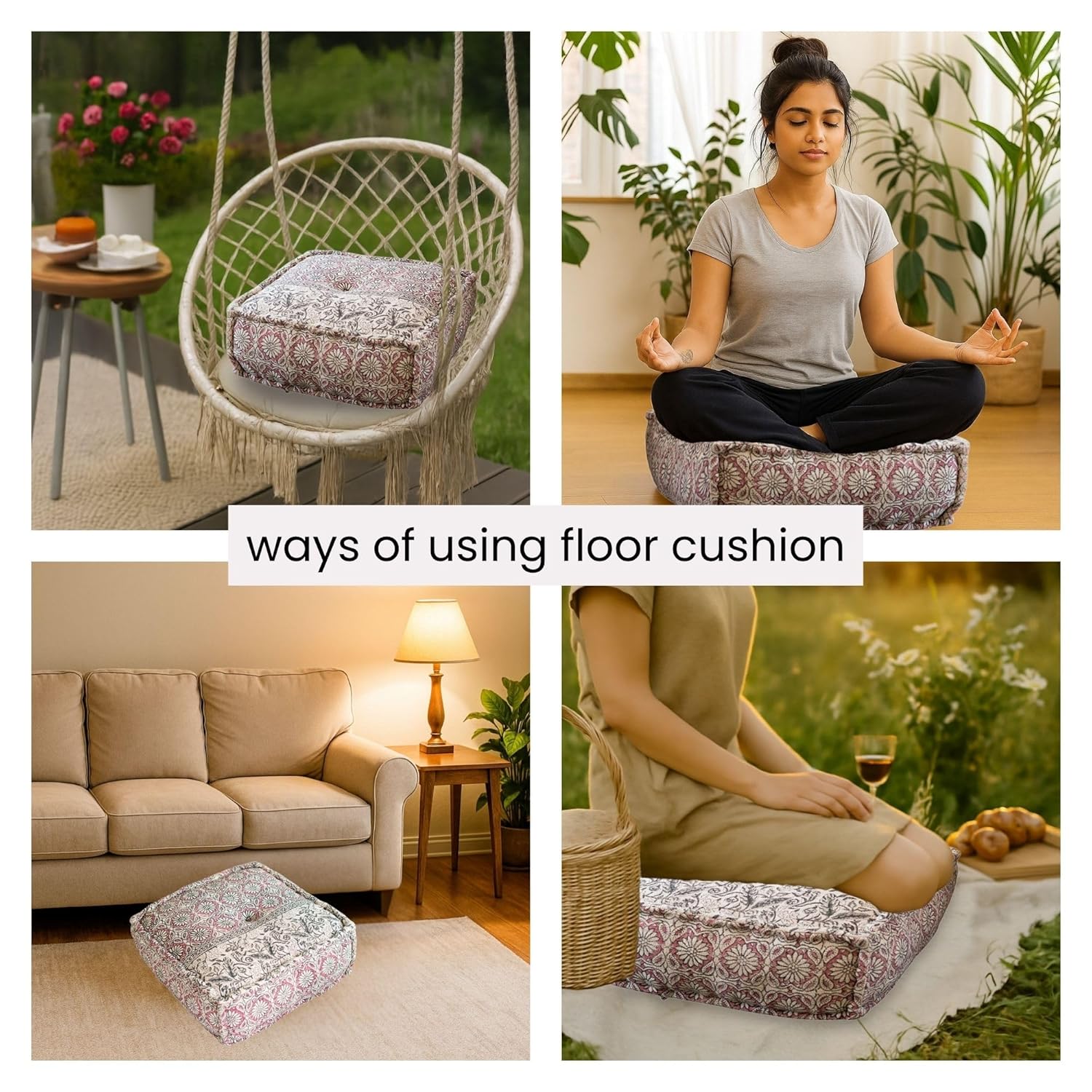 Hand Block Print Square Floor Cushion | Size 51 cm x 51 cm x 20 cm |Pink 51 cm x 51 cm x 20 cm