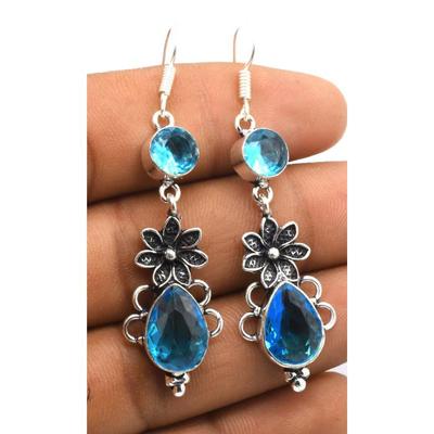 Blue Topaz Gemstone Ethnic Handmade Drop Dengle Earring Jewelry ER 396