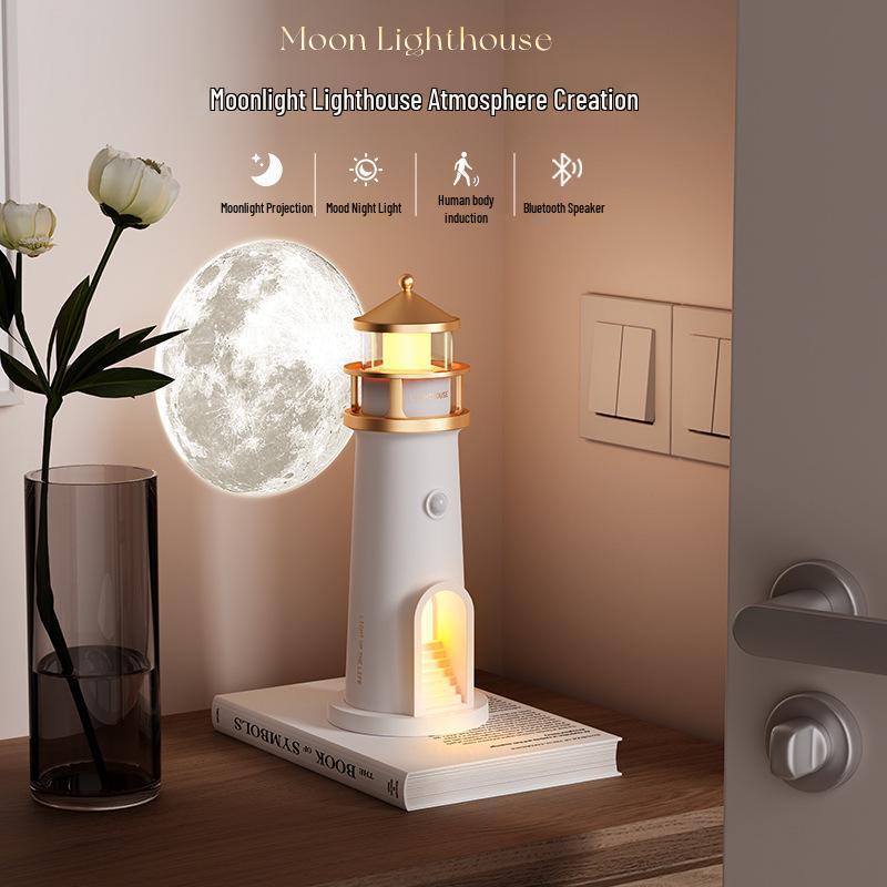 

Lighthouse Projection Night Light with Bluetooth Speaker - Moon & Starry Sky Sensor Lamp for Bedside Atmosphere and Sleep. Remote Control