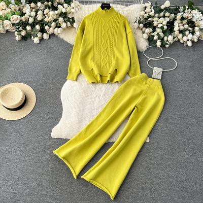 Winter Vintage Twist Knitted Sweater Pant 2 Piece Set Women Thicken Tracksuit Pullover + Ankle Length Trousers Outfits