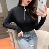Women's Black Slim Fit Half Turtleneck Long Sleeve Zipper Shirt - 2022 Autumn New Style