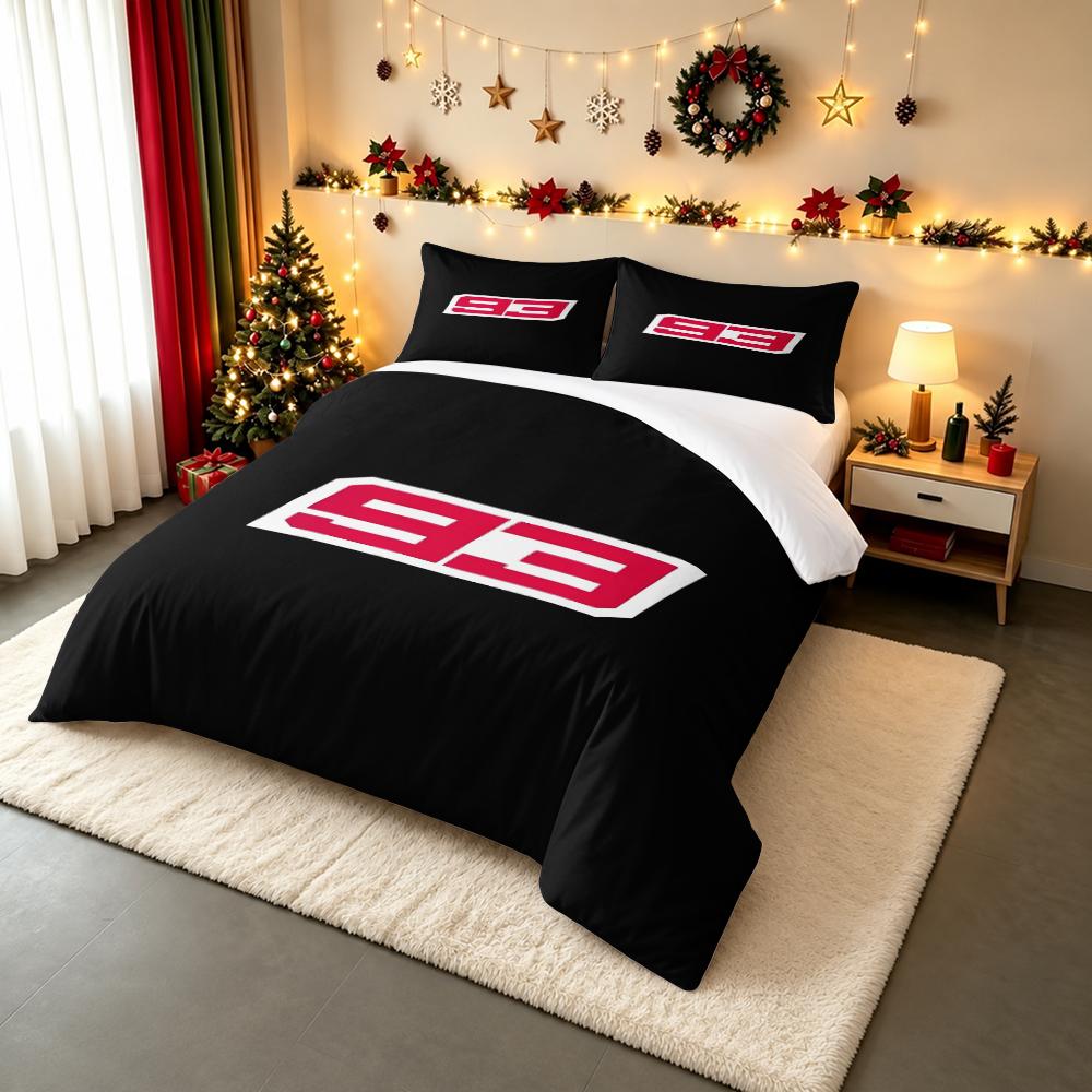 Duvet Cover Set Racing Number 93 Pink White Bold Typography Slanted Logo Black Background Motorsport Bike Print for Men Room Decor