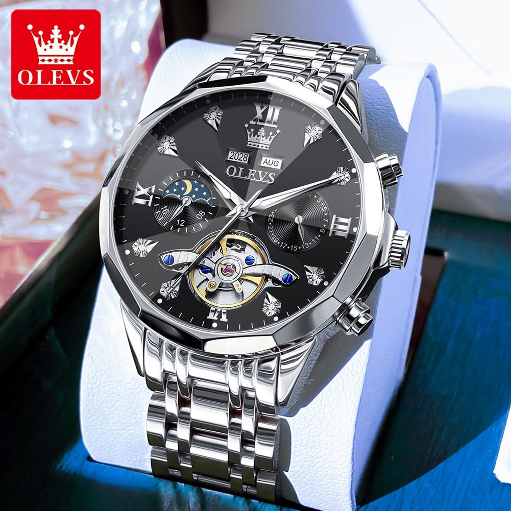 OLEVS 6621 Herrenuhr High-End Automatische Mechanische Uhren Schwungrad Hohlzifferblatt Kalender Mondphase Wasserdicht Herren Armbanduhr