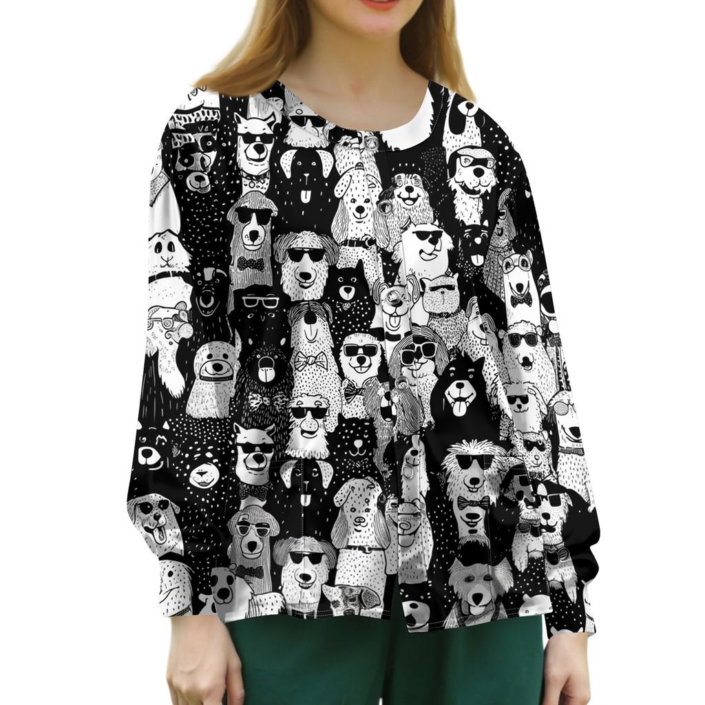 Women's Casual Long Sleeve Single Button Cardigan Animal Print Lightweight Open Front Workwear Top for Caregivers and Professionals