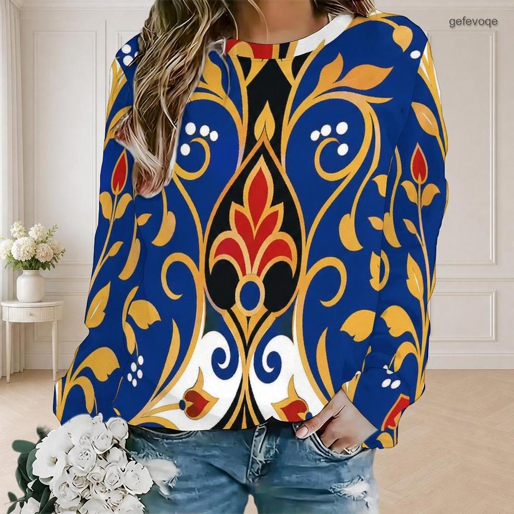 Women Plus Size Round Neck Long Sleeve Floral Printed Teal Green Ribbed Cuffs Sweatshirt