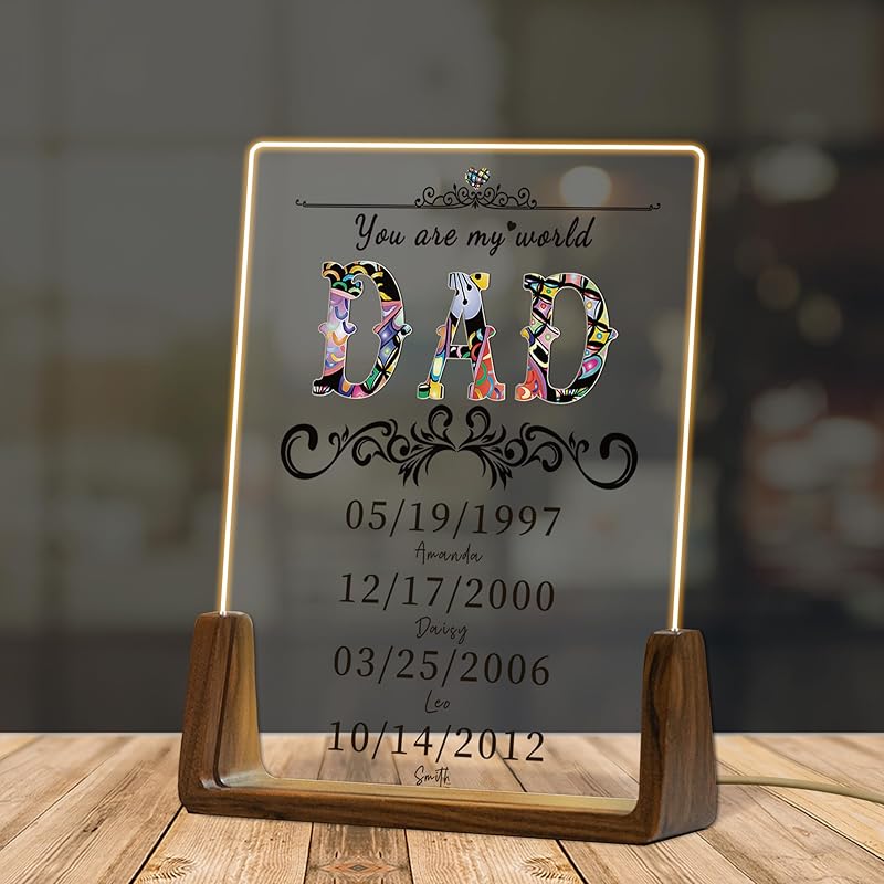 Custom Father's Day Gift for Dad, Photo Acrylic Plaque Personalized Night Light, Walnut Photo Frame with Night Light, Unique Romantic Birthday