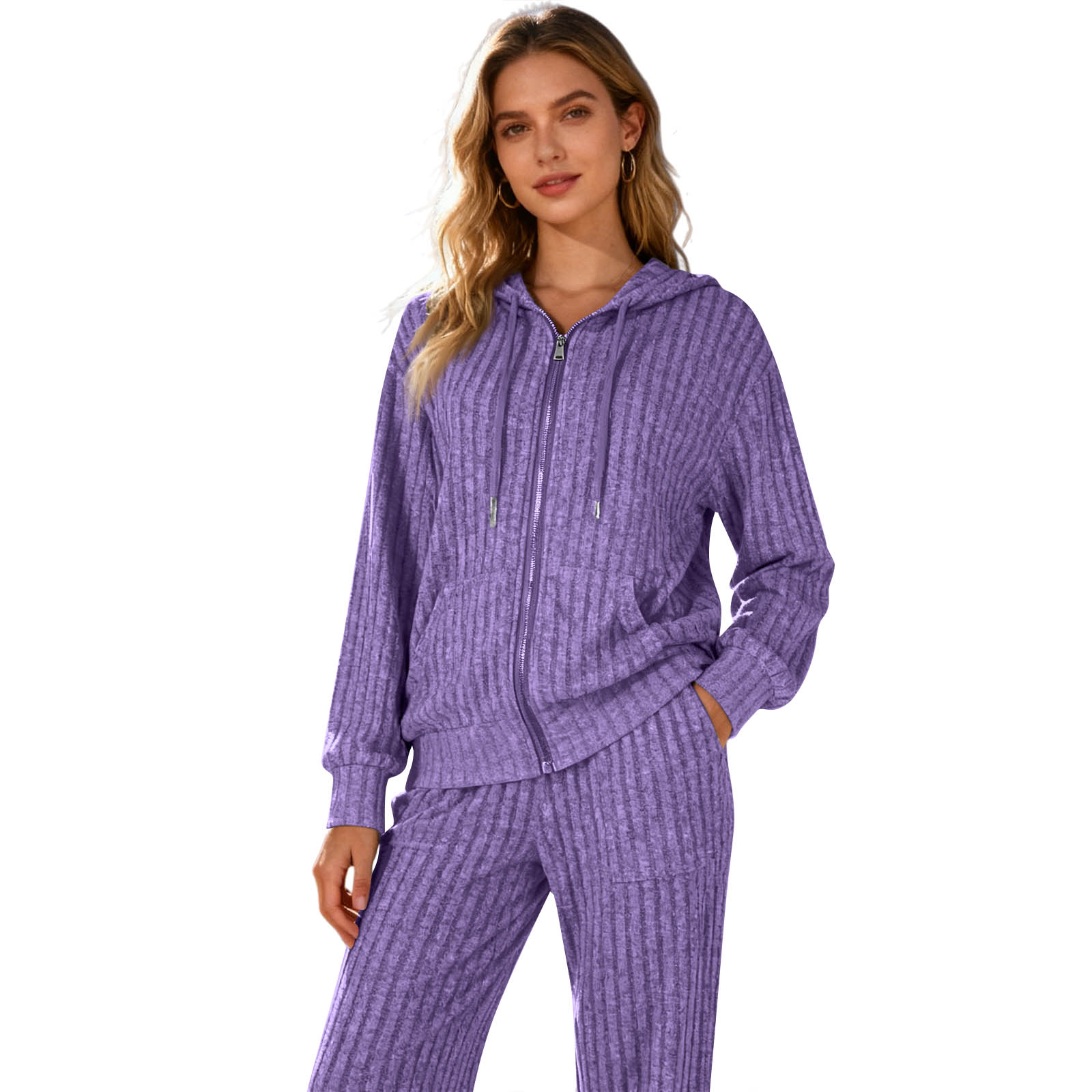 

Женские спортивные костюмы из 2 предметов: худи на молнии с капюшоном и карманами и брюки с эластичной талией, мягкий эластичный осенне-зимний наряд XXL фиолетовый