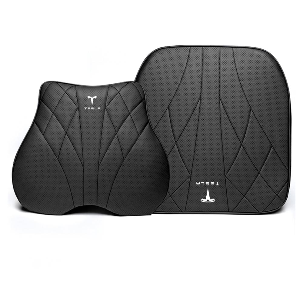 Car Leather Seat Headrest Lumbar Back Support Cushion Neck Pillow For Tesla Model 3 Model Y Model S X Cybertruck Roadster SpaceX