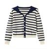 A New Autumn Knitted Cardigan for Women with A Contrasting Color Navy Collar and Stripes, Making Them Look Slimmer