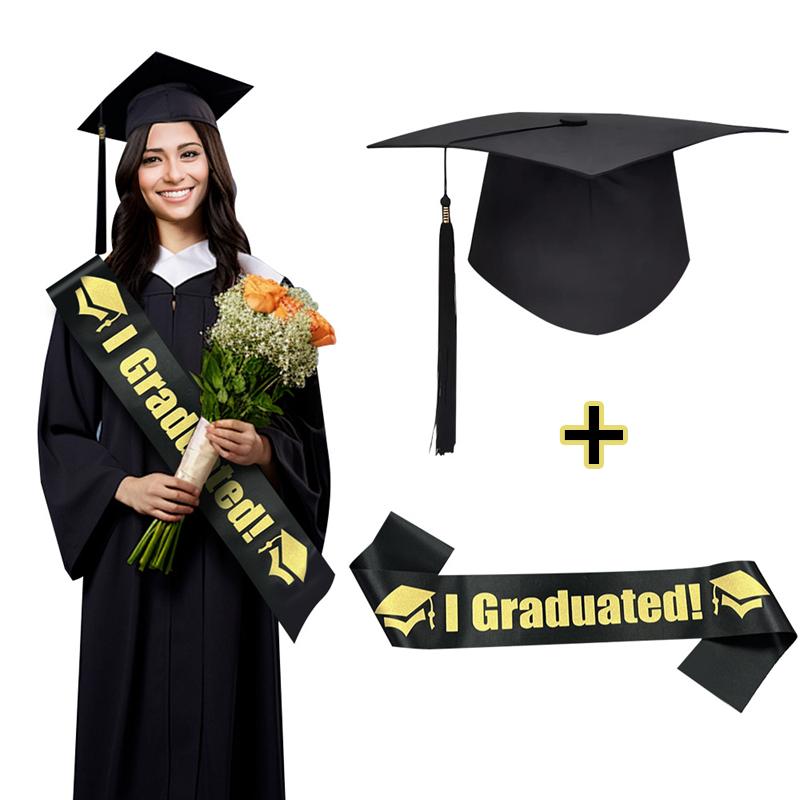 2025 Graduated Satin Sash Black Bachelor Caps with Tassel for Graduation Party Decoration Photo Props University Master Hat Gift