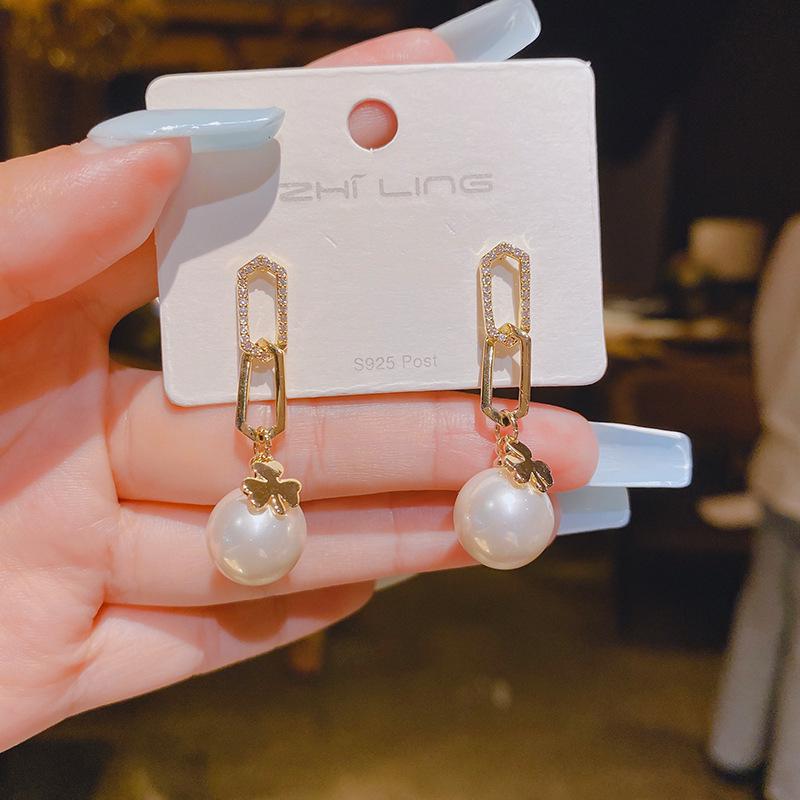 S925 Silver Korean Geometric Pearl Dangle Earrings with Rhinestone Studs Electroplated