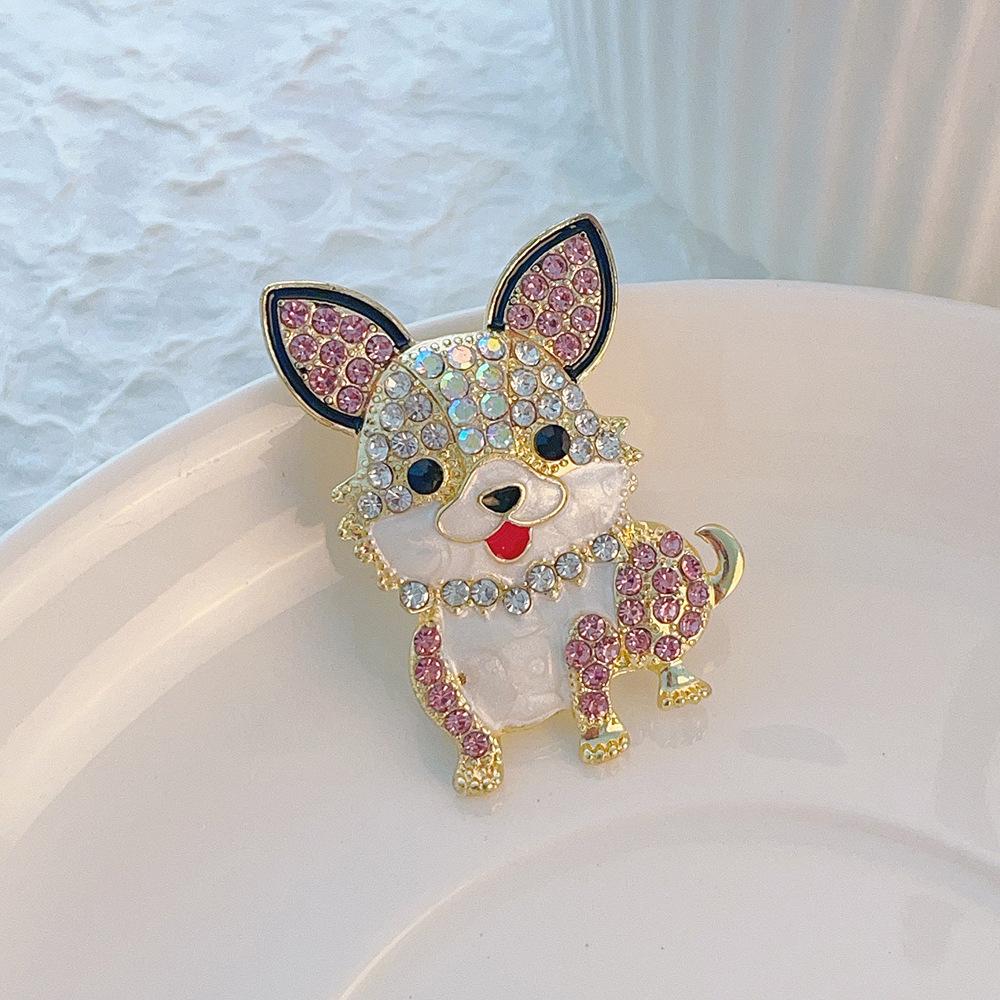 Lindos Broches de Perro de Dibujos Animados de Cristal de Lujo para Mujer Pines de Solapa de Animales Elegantes con Pedrería Accesorios de Joyería