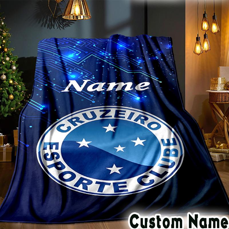 Custom Name Blue Stars Cruzeiro Football Throws Blanket Flannel Blankets for Couch Bed Gifts for Men Women Picnic blanket Christmas fan gifts