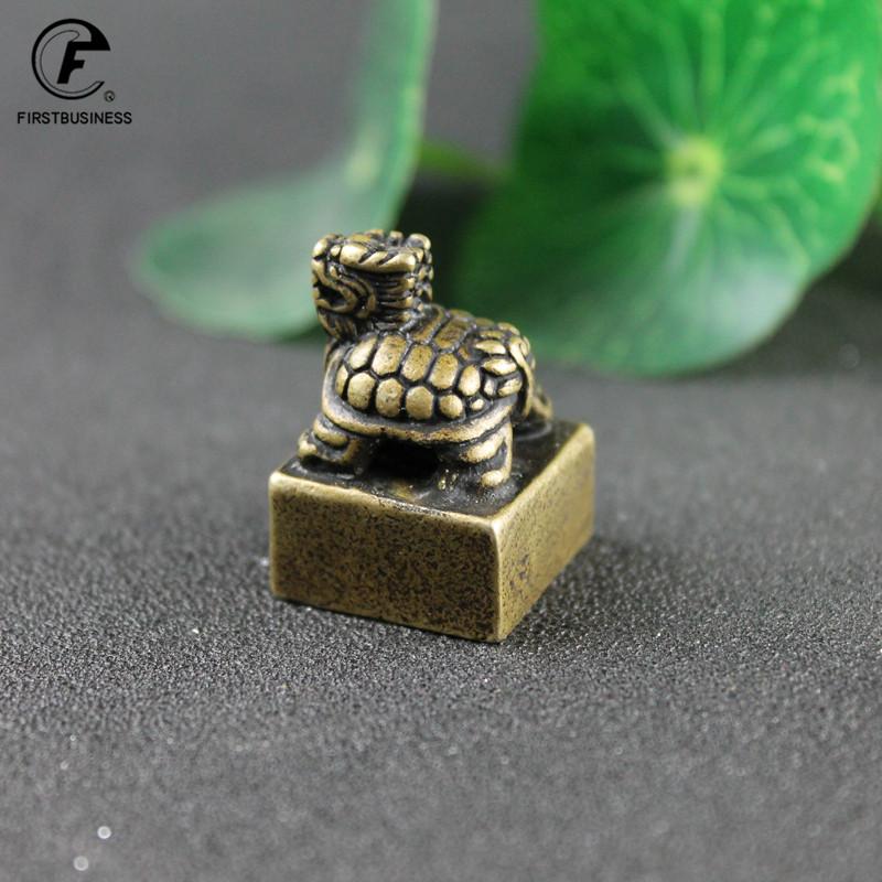 Retro Solid Brass Dragon Turtle Seal Statue Chinese Feng Shui Lucky Home Decorations Ornaments Lovable Animal Figurines Desk