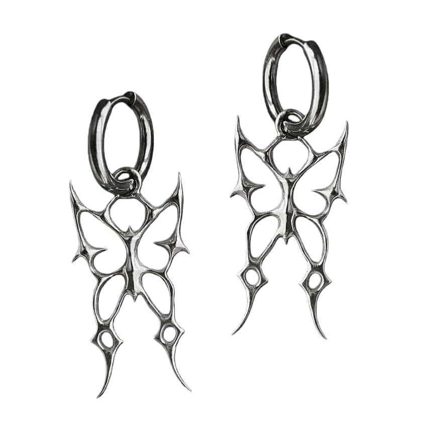 Gothic Punk Silver Thorns Butterfly Pendant Earrings With Skull Design For Men And Women