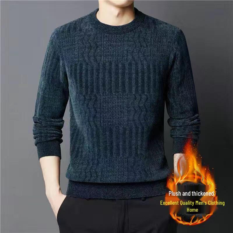 Mid-aged Men's Fleece-lined Warm Chenille Round Neck Base Layer Knitwear for Autumn/Winter