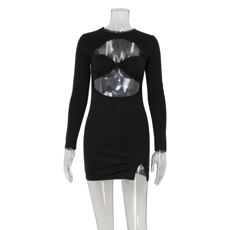 Autumn and Winter Women's Fashion Sexy Hollow Round Neck Long Sleeve Slit Spice Girl Dress