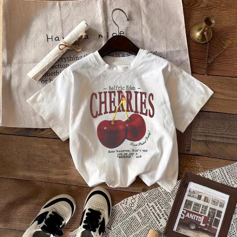 Cotton Women T-shirt Red Cherries Printed Tees Summer Loose S