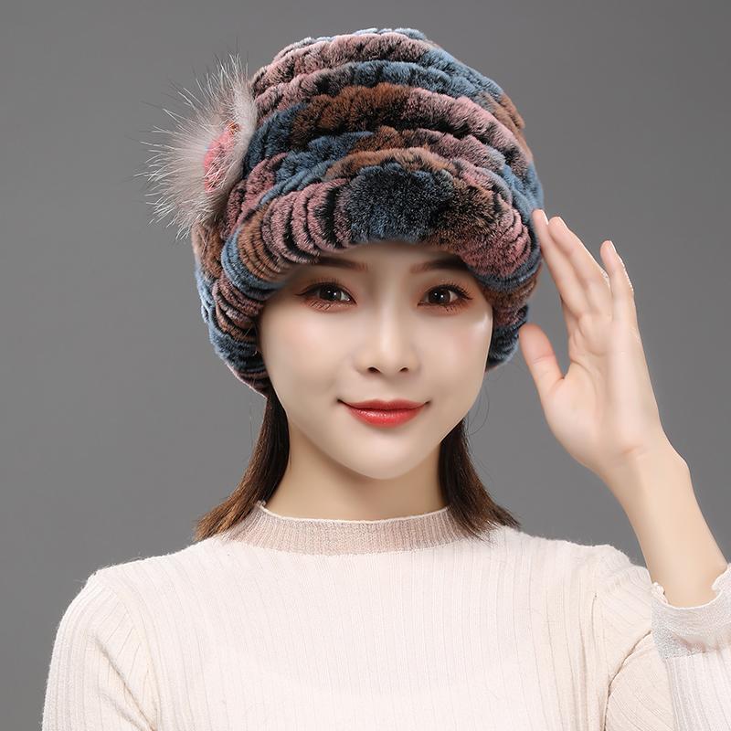 Fur Hat for Women Winter Rex Rabbit Fur Middle-aged and Elderly Ladies Mothers and Grandmothers Fashionable and Warm Knight Cap