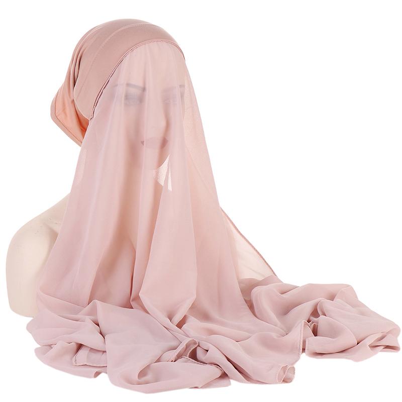 1Pc Muslim Shawl Scarf Chiffon Hijab Breathable Turban Head Wrap Women Solid Color Polyester With Inner Cap