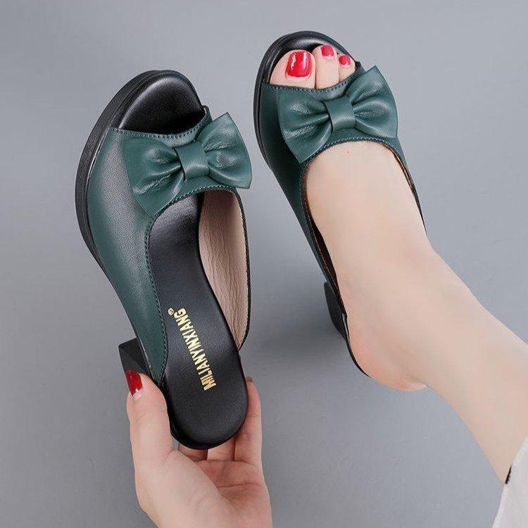 

Жіноче взуття Нові літні риб ячий рот відкритий носок жіночі м які шкіряні сандалі на товстих високих підборах, що носять протиковзке жіноче взуття 38 зелений