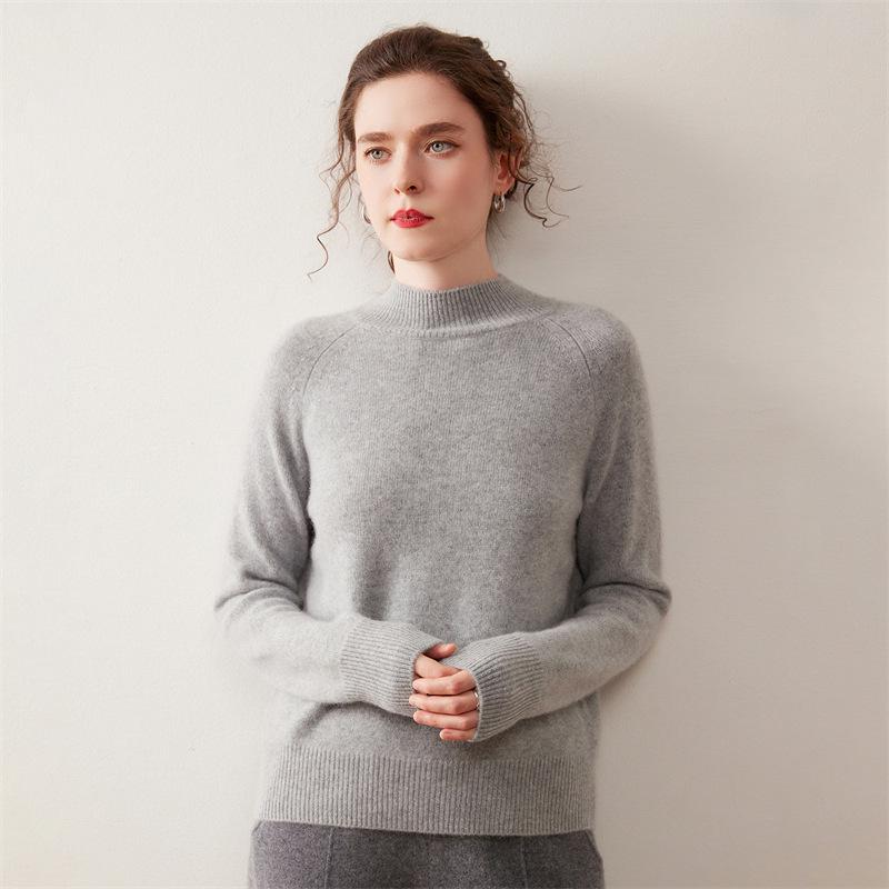 Women's Korean Style Cashmere Sweater: Half-High Collar, Solid Color, Short Raglan Sleeve, Perfect for Autumn and Winter