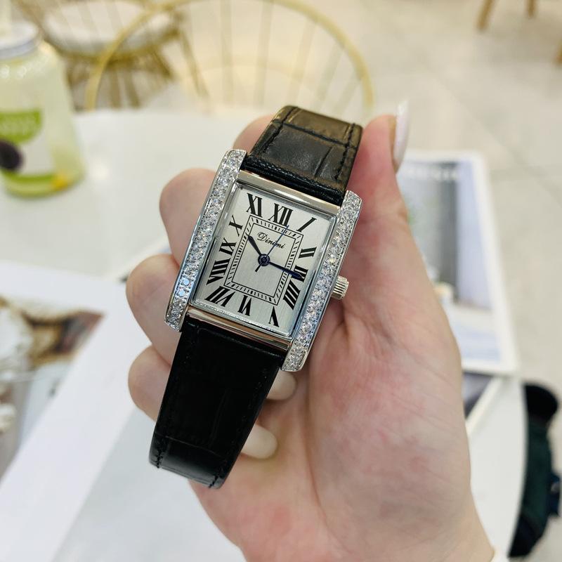 Women S Watch Women S Rectangular Simple Retro Style Diamond-Encrusted Leather High-Value Women S Watch