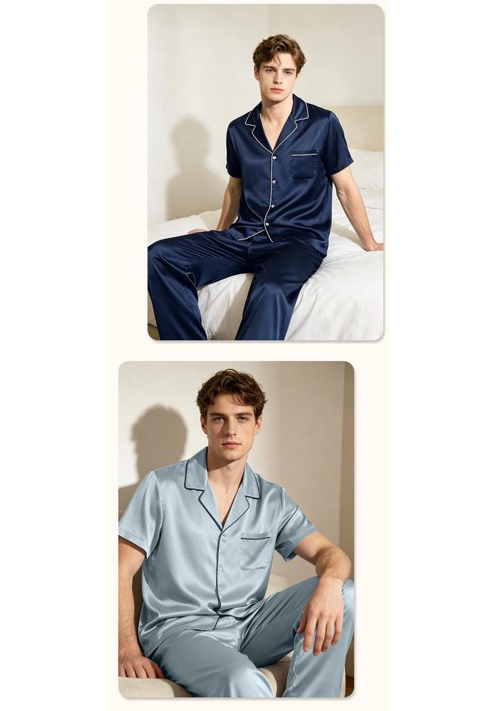 Men's Summer Silk Pajamas Set - 19 Momme Heavyweight Mulberry Silk, Short Sleeve Homewear