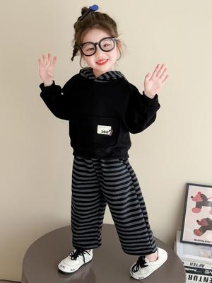 Girls' 2025 Striped Autumn Sweatshirt & Sweatpants Two-Piece Set