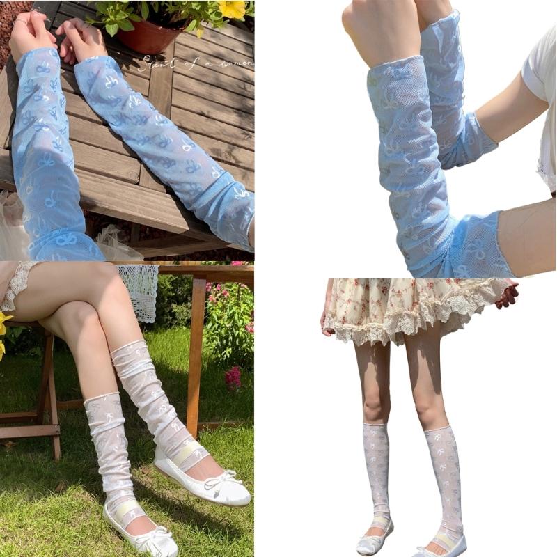 Womens Long Arm Leg Sleeves Ultrathin Lace Sun Protective Cooling Ice Silk Arm Leg Covers Fingerless Gloves Accessories