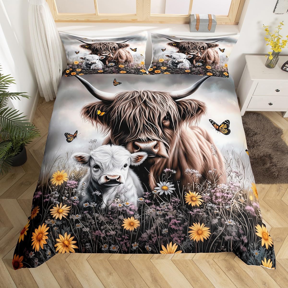 

Milk Cow Duvet Cover Cabin Farm House Full Queen Bedding Set Garden Windmill Decor Farmhouse Comforter Cover Sunflower Bed Set EU Single(135x200cm)