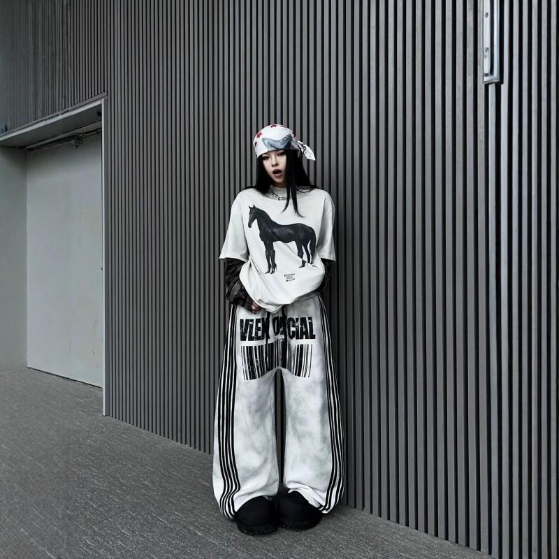 Womens Loose Wide Leg Sweatpants Distressed Double Waistband Striped Jazz Pants Casual Street Style Trousers
