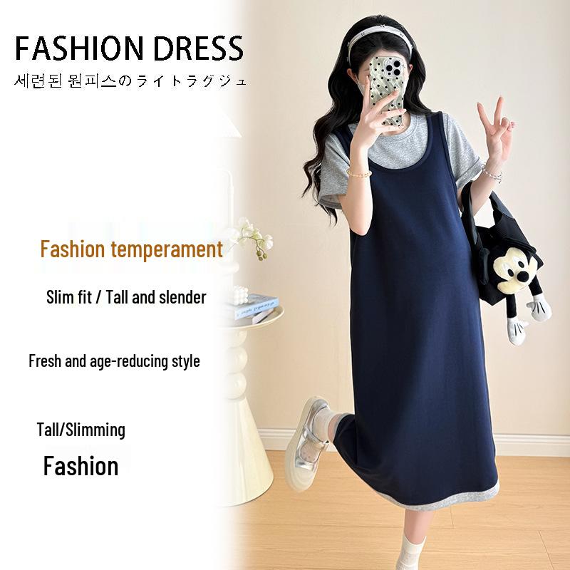 Korean Style Summer 2026 Maternity Dress: Patchwork Casual Loose Round Neck L