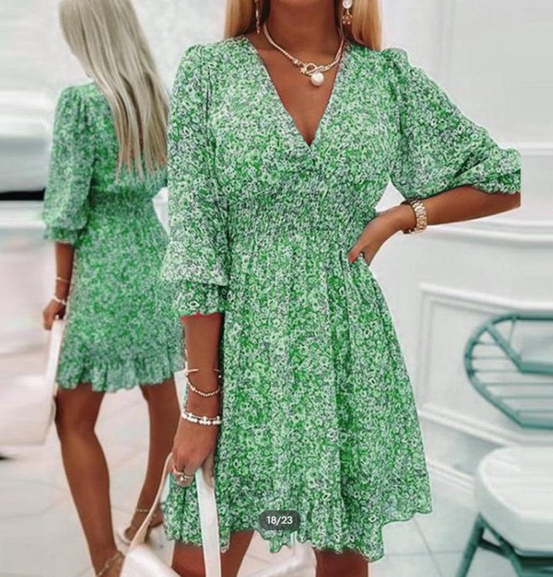 Summer Floral Mini Dresses Women Vintage Sexy V Neck Half Sleeve A-Line Party Dress Female Casual Elegant Beach Dress