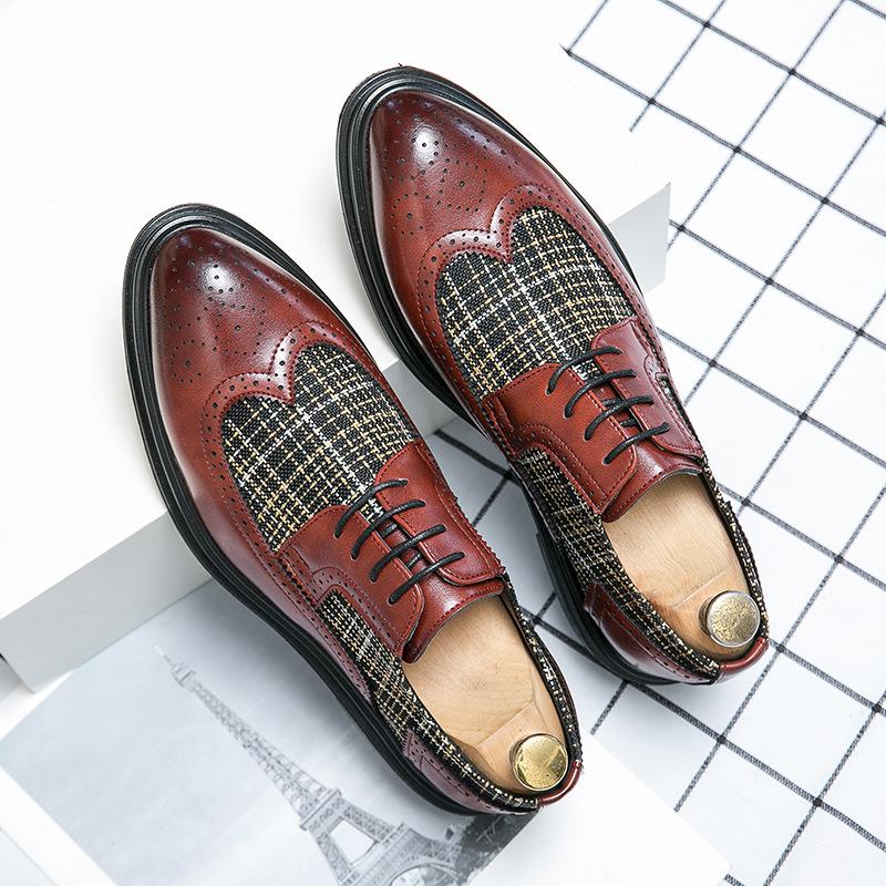 Men's Shoes Large Size New Leather Shoes Fashion Business Dress Color Matching Brock Engraved Leather Shoes Trendy Wedding Shoes